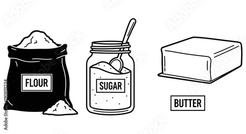 Baking Ingredients Flour, Sugar, and Butter - Essential Components for Delicious Homemade Treats