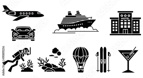 Set of black vector icons representing clothing and accessories like a suit jacket, dresses, shoes, a bow tie, a hanger, and a handbag on a white background
