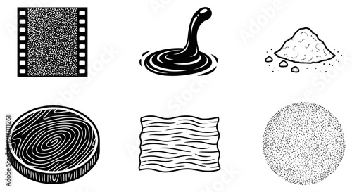 Six Diverse Black and White Graphic Icons Film Strip, Blob, Sand Pile, Fingerprint, Wood Grain, and Textured Circle