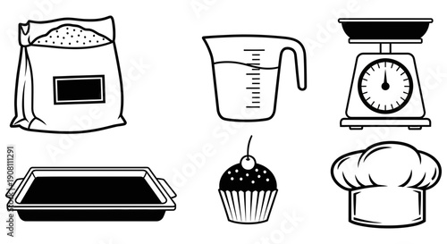 Collection of Baking and Cooking Utensils including Measuring Cup, Scale, Baking Pan, Chef Hat, Cupcake, and Bag of Flour