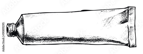 Textured black and white doodle of a squeezed product tube with a cap offering a versatile graphic element for packaging templates, cosmetic branding, or artistic supply store promotions.