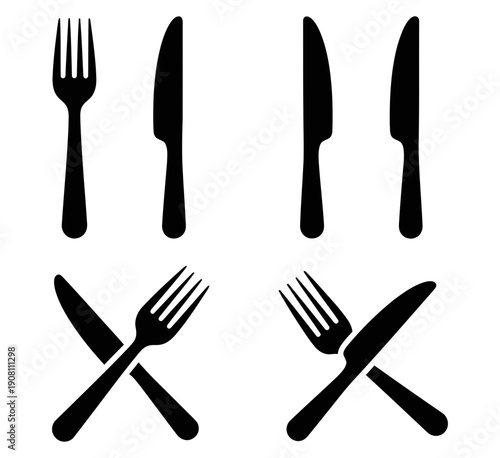 Set of kitchen utensils with forks and knives, vector icons for restaurants and food services, black silhouettes on white background