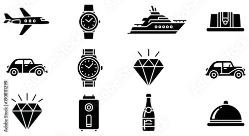 Luxury lifestyle icons a private jet, watches, yachts, diamonds, vintage cars, and champagne symbolizing wealth and success