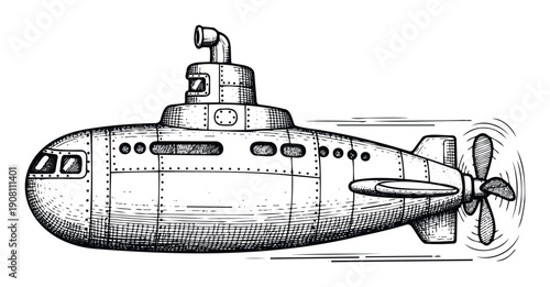 A vintage hand drawn submarine with a periscope and a spinning propeller traveling through water, ideal for adventure themed projects and historical maritime transportation concepts