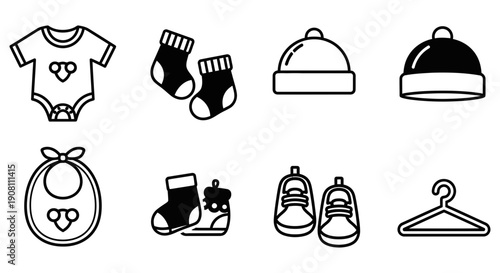 Collection of baby clothing icons including a bodysuit, socks, hats, bib, booties, shoes, and a hanger on a white background