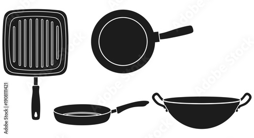 Collection of kitchen cookware such as frying pan, grill pan, and wok, suitable for food preparation and cooking with various kitchen tools