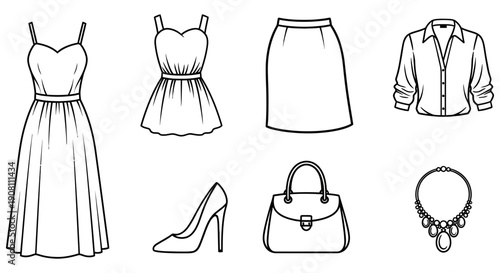 Set of fashion items for women including a dress, skirt, blouse, handbag, high heels, and necklace, presented in a clean line art style