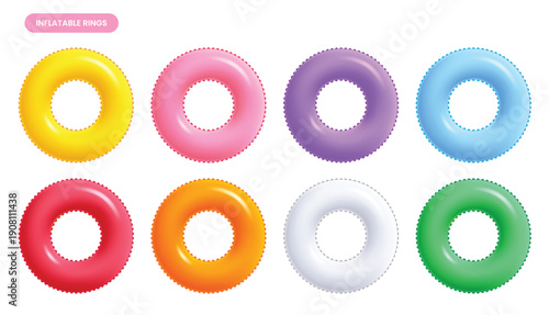 Colorful inflatable swim ring collection in various bright neon colors. Realistic 3D lifebuoy set for summer pool parties, vacation, and beach safety design. Vector illustration.