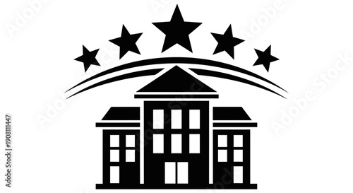 Luxury hotel icon with stars above a building representing 5-star service and premium accommodation for travelers seeking a high-end experience