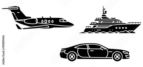 Luxury vehicles including a private jet, yacht, and sports car, representing wealth, travel, and high-speed transportation