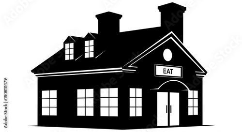 Elegant Silhouette of a Classic Restaurant Building with 'Eat' Signage, Perfect for Culinary and Hospitality Graphics
