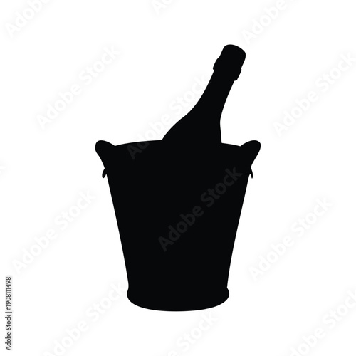 champagne bottle in ice bucket silhouette vector illustration, Elegant wine bottle in a bucket silhouette vector illustration for party and celebration