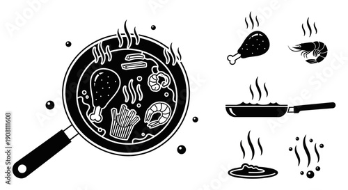 Cooking food in a pan, featuring chicken legs, shrimp, french fries, and other ingredients, with steaming effects and bubbles indicating heat