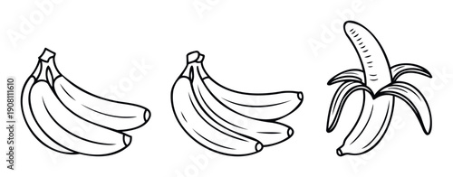 Various styles of banana fruit outlines including whole bunches and a peeled banana, perfect for foodrelated projects, healthy eating promotions, and grocery store branding
