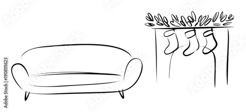 Simple black ink sketch depicting a cozy home interior with a modern couch and a festive fireplace mantel adorned with leafy garland and three traditional Christmas stockings, ideal for