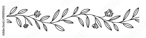 A minimalist line drawing of a continuous botanical vine with delicate flowers and leaves creating an elegant natural border, ideal for wedding invitations, greeting cards, or decorative