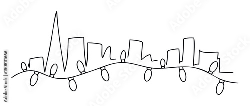 Simple continuous line drawing of an urban city skyline with a festive string of holiday lights, perfect for seasonal greetings, event promotions, or modern decorative accents.