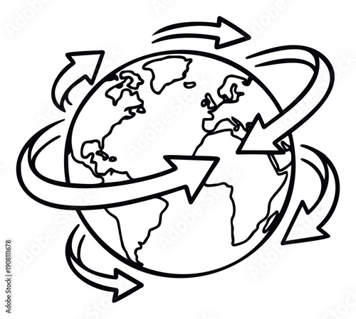 Visual representation of global interconnectedness and sustainable processes with arrows rotating around planet Earth, useful for business presentations, educational content, and