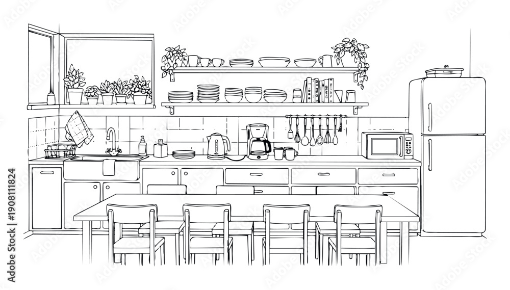 Obraz premium Contemporary kitchen interior with a spacious dining table and chairs, showcasing essential appliances, open shelving, and decorative potted plants for home decor projects.