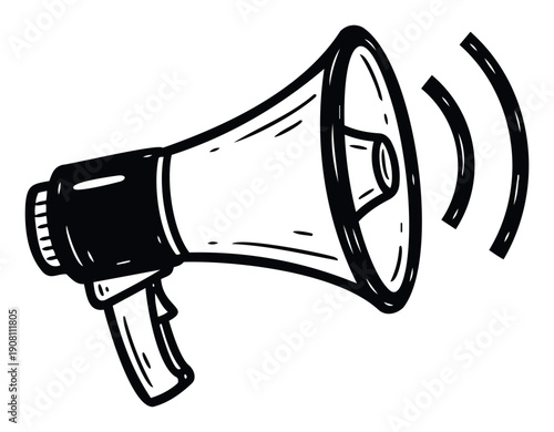 Bold hand drawn megaphone broadcasting an important announcement with sound waves, ideal for conveying urgent messages or promoting news and public speaking events