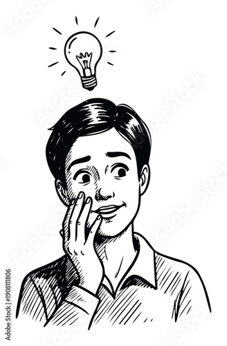 A thoughtful Asian man pondering a problem and having a brilliant new idea indicated by a glowing lightbulb, excellent for conveying inspiration and innovation concepts.