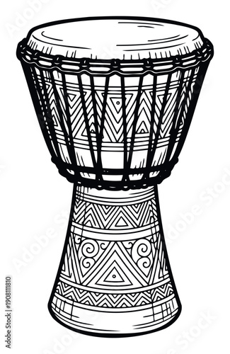 Detailed African Djembe drum with tribal decorative motifs perfect for cultural music events, traditional rhythm promotions, or ethnic instrument display graphics