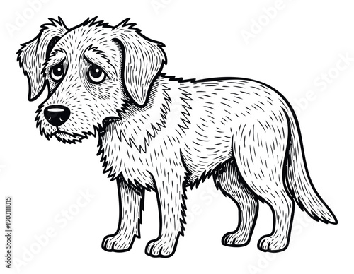 A black and white graphic depicting a mournful puppy with floppy ears and shaggy fur, perfect for pet empathy campaigns, animal welfare posters, or emotional storytelling visual