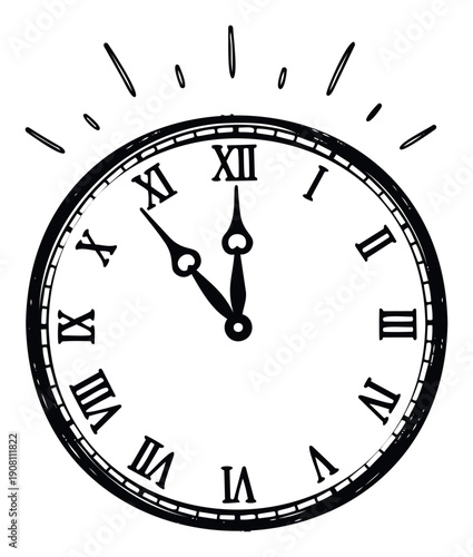 Hand drawn stylized clock face displaying Roman numerals and hands approaching midnight or noon creating a sense of urgency countdown or a new beginning perfect for event announcements and