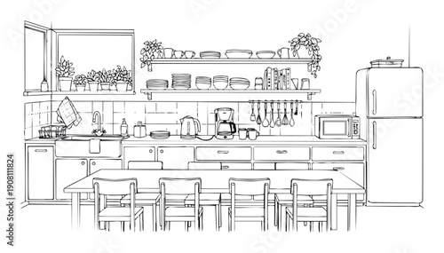 Contemporary kitchen interior with a spacious dining table and chairs, showcasing essential appliances, open shelving, and decorative potted plants for home decor projects.