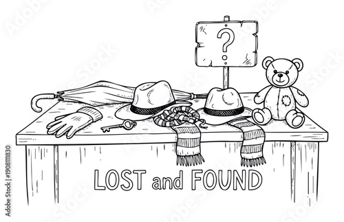 Black and white line drawing of a lost and found table displaying various forgotten objects like hats, an umbrella, a key, a glove, a scarf, a teddy bear, and a question mark sign, ideal