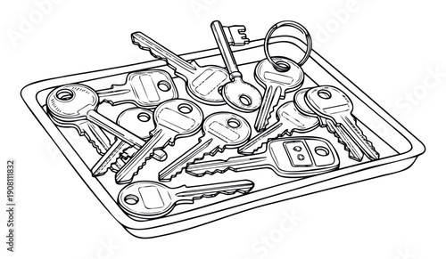 Assortment of different security keys including house, car, and skeleton keys neatly placed in a rectangular tray, ideal for concepts about access, property, and safekeeping solutions.