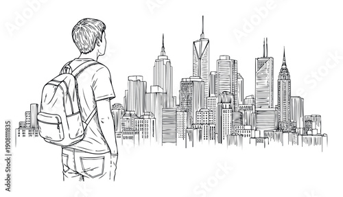 A traveler with a backpack gazes at a panoramic metropolis cityscape, symbolizing new beginnings and urban exploration, ideal for travel and lifestyle content.