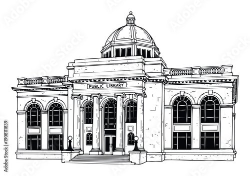 Detailed handdrawn sketch of a classical public library building with a grand dome and ornate columns, ideal for educational publications, historical presentations, or graphic design