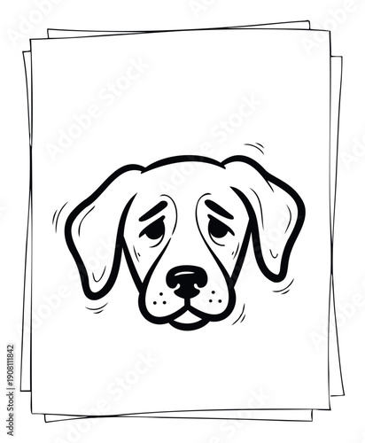Expressive minimalist black and white dog face conveying sadness or concern, illustrated on layered blank papers for applications in pet care, mental health awareness, or sympathetic