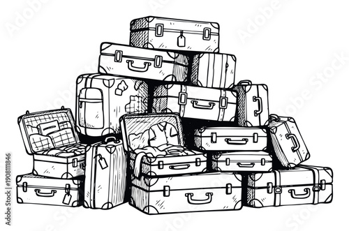 Large collection of vintagestyle suitcases stacked in a disorganized pile representing extensive travel and packing challenges, ideal for themes of vacation preparation, moving, or