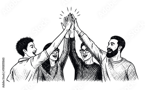 Four diverse people including a Black person and an Asian person celebrating a high five, symbolizing successful teamwork and collaborative partnership for various motivational and