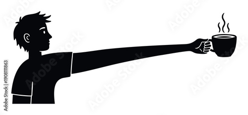 Black silhouette of a person extending an arm holding a steaming mug, symbolizing morning routines or a refreshing coffee break, ideal for lifestyle graphics.