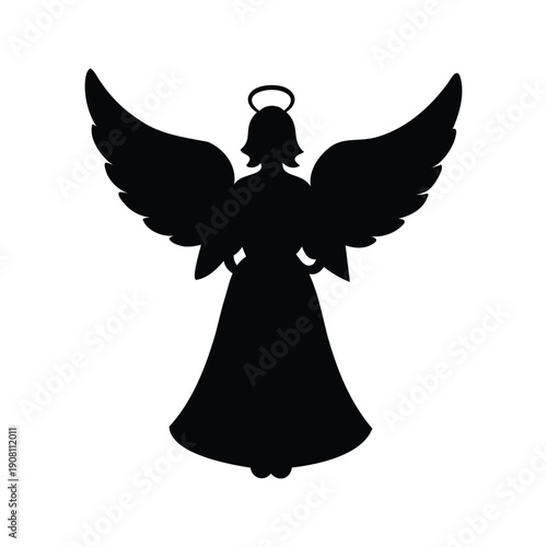 christmas angel ornament silhouette vector illustration, Guardian angel with halo and wings in elegant pose silhouette vector illustration