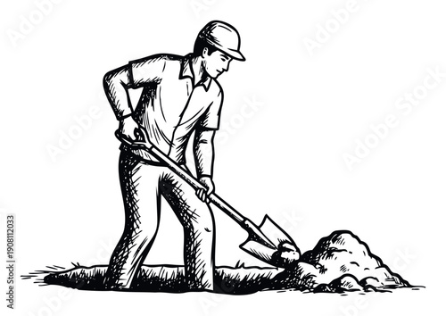 A focused man in a hard hat is actively digging soil with a shovel, creating a ground hole and a dirt pile, ideal for illustrating labor, construction, or excavation work.