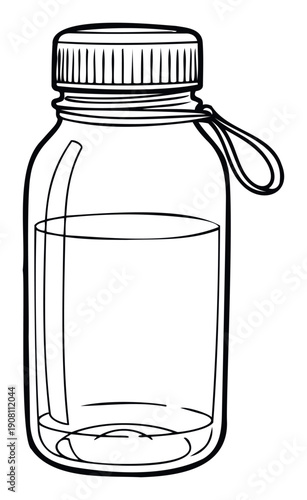 Essential vector graphic of a water bottle or liquid dispenser featuring a secure ribbed cap and convenient carrying strap, suitable for healthy lifestyle promotions and hydration product