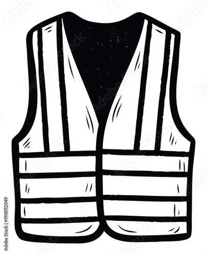 Monochrome reflective personal protective equipment vest in a rustic style useful for conveying worker safety guidelines, building site precautions, and emergency preparedness messages.
