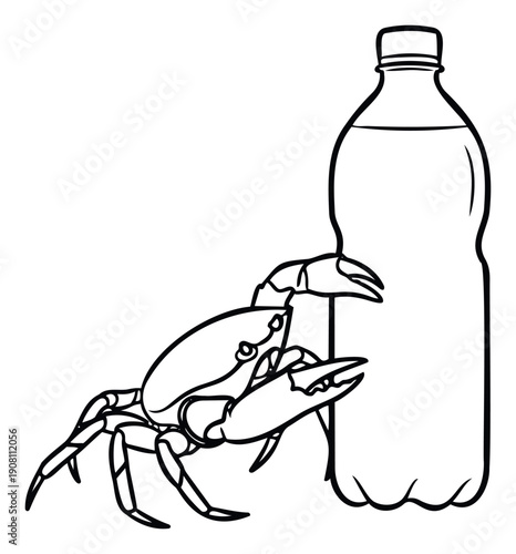 Line drawing of a marine crab standing next to a plastic water bottle, symbolizing ocean pollution and environmental impact, useful for educational graphics and conservation campaigns.