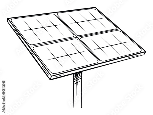 Monochromatic line drawing depicting a mounted solar panel array for renewable energy generation, ideal for illustrating sustainability, ecological concepts, and modern green technology