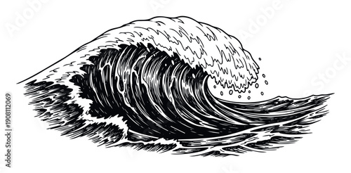 Dynamic ocean wave drawing capturing the powerful motion of a large sea swell with splashing water perfect for water sport or nature themed apparel designs and decorative prints