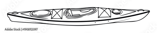 Stylized outline drawing of a recreational kayak, highlighting its streamlined hull and practical deck bungees, perfect for outdoor sports guides, equipment advertisements, or aquatic