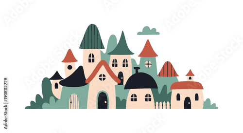 Whimsical Village with Colorful Houses and Towers.