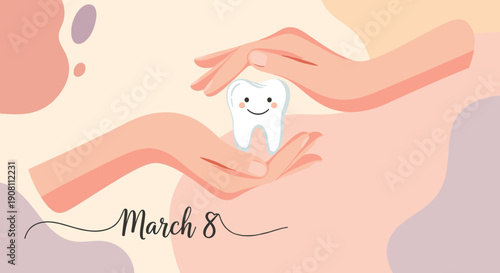 Hands holding a smiling tooth on abstract pastel background  