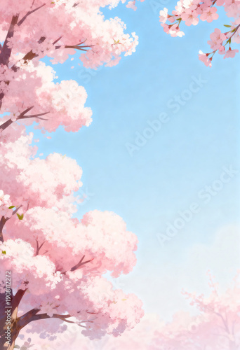 Watercolor landscape illustration evoking a warm and dreamy spring atmosphere with pink cherry blossom trees in full bloom on a hill contrasting against a clear blue sky