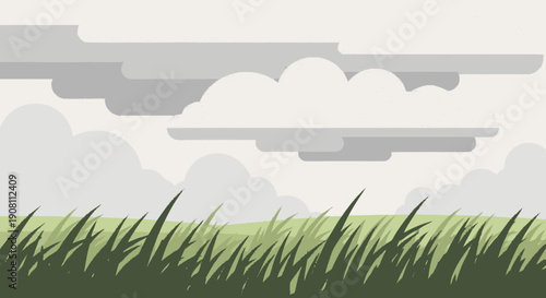 Green Grass Blades Illustration with Clouds.