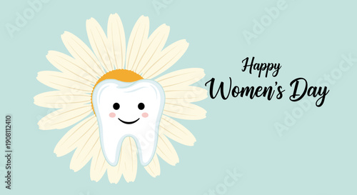 Tooth character with flower background for Women's Day greeting  